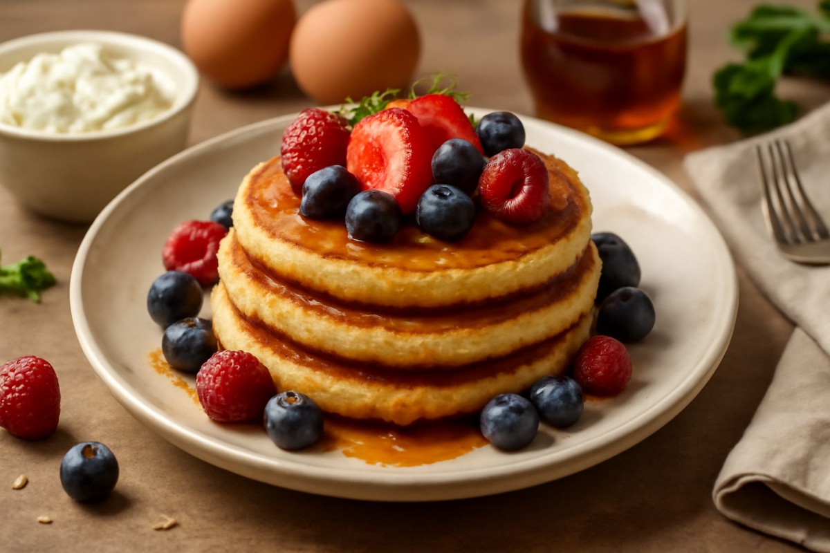 Fluffy Cottage Cheese Pancakes with Fresh Berries